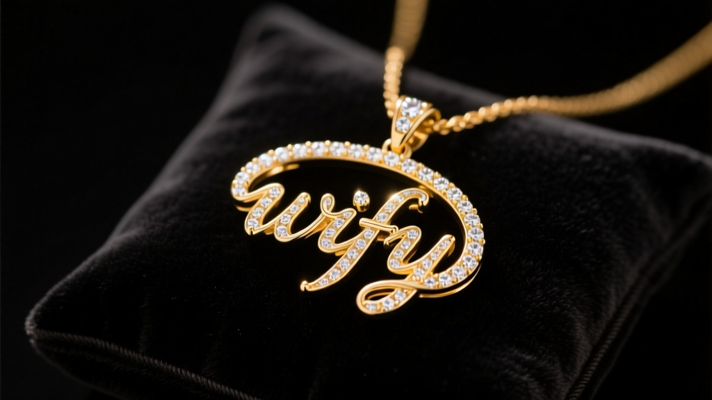 A diamond-encrusted 14k yellow gold script wifey pendant resting on dark velvet under soft, warm studio lighting.