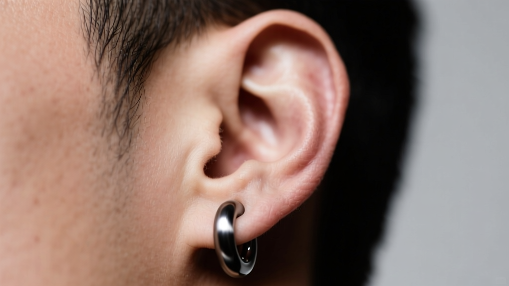 Macro shot of a male ear wearing a dark titanium clicker hoop, studio light emphasizing the brushed metal finish and the ear lobe