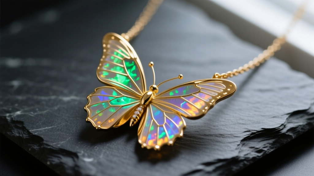 Macro shot of a gold opal butterfly necklace on dark slate, highlighting the iridescent play-of-color and delicate wing details