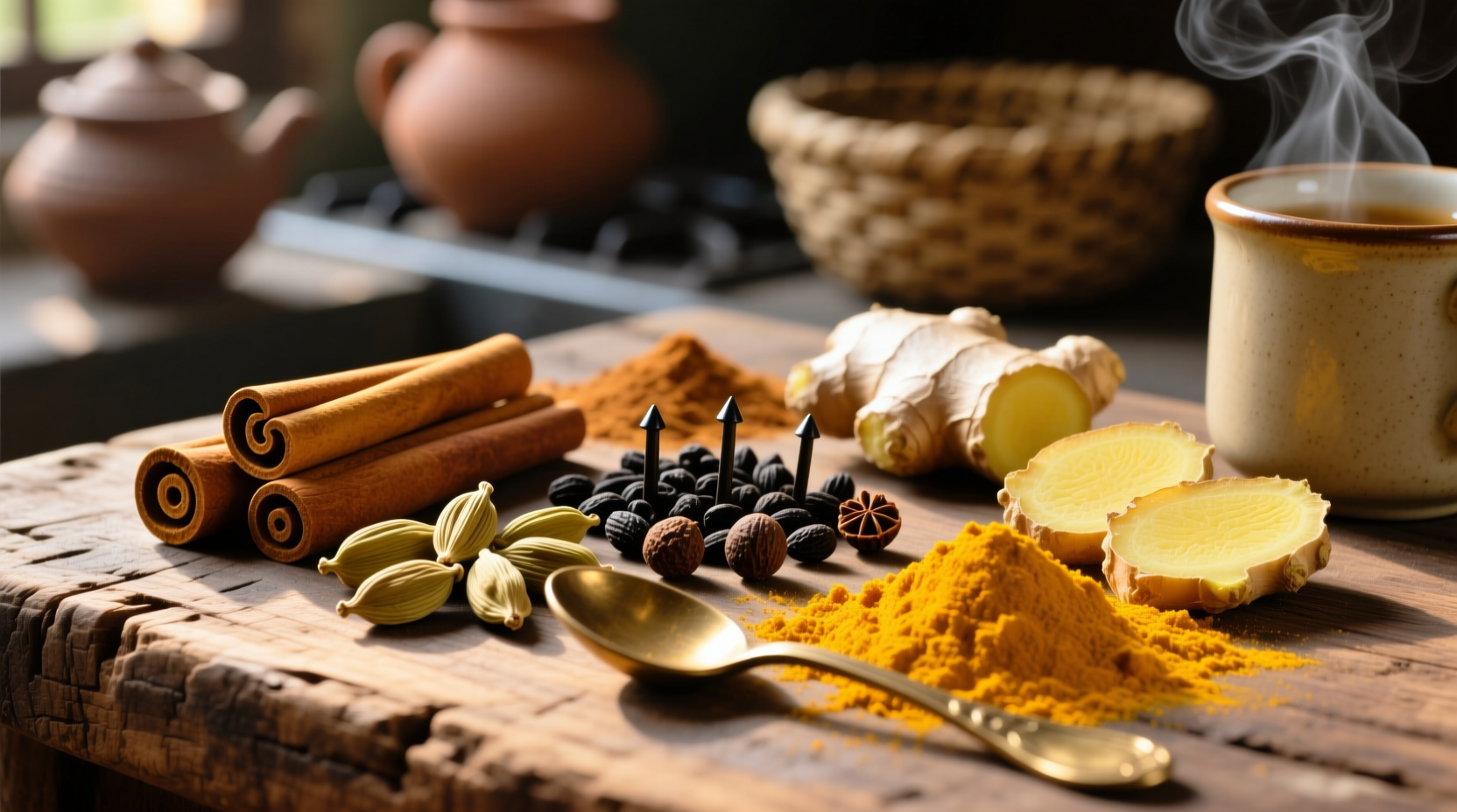 Fresh chai spices arranged on wooden surface
