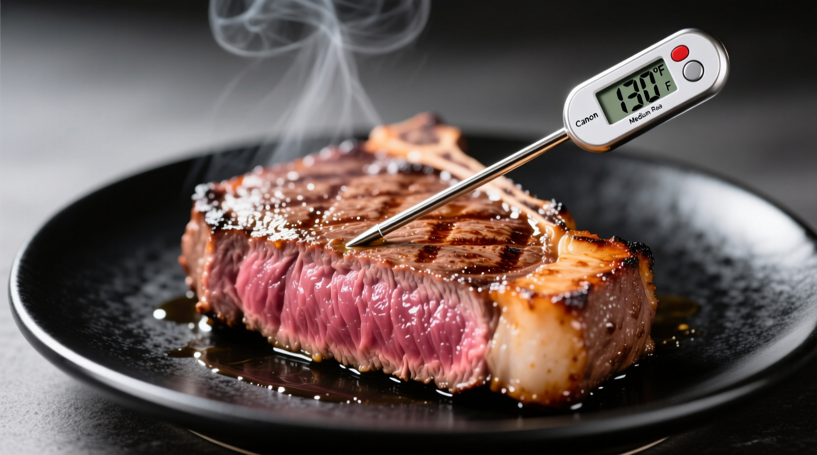 Perfect medium rare steak with thermometer reading