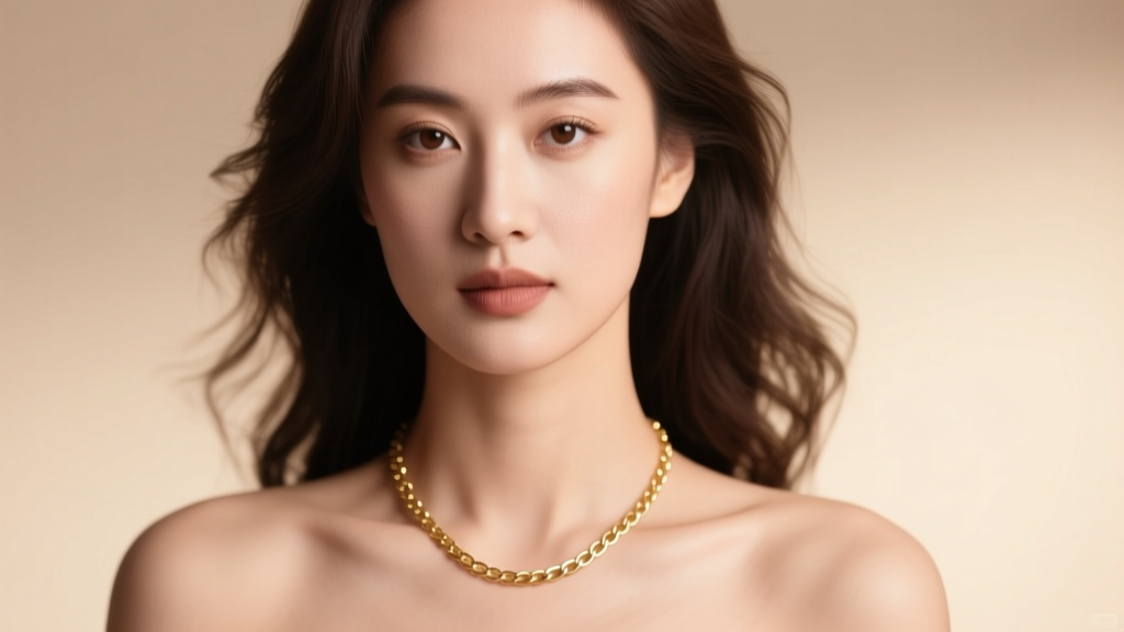 Portrait of a woman wearing a delicate 14k gold 18-inch chain necklace resting perfectly on her collarbone, soft studio lighting