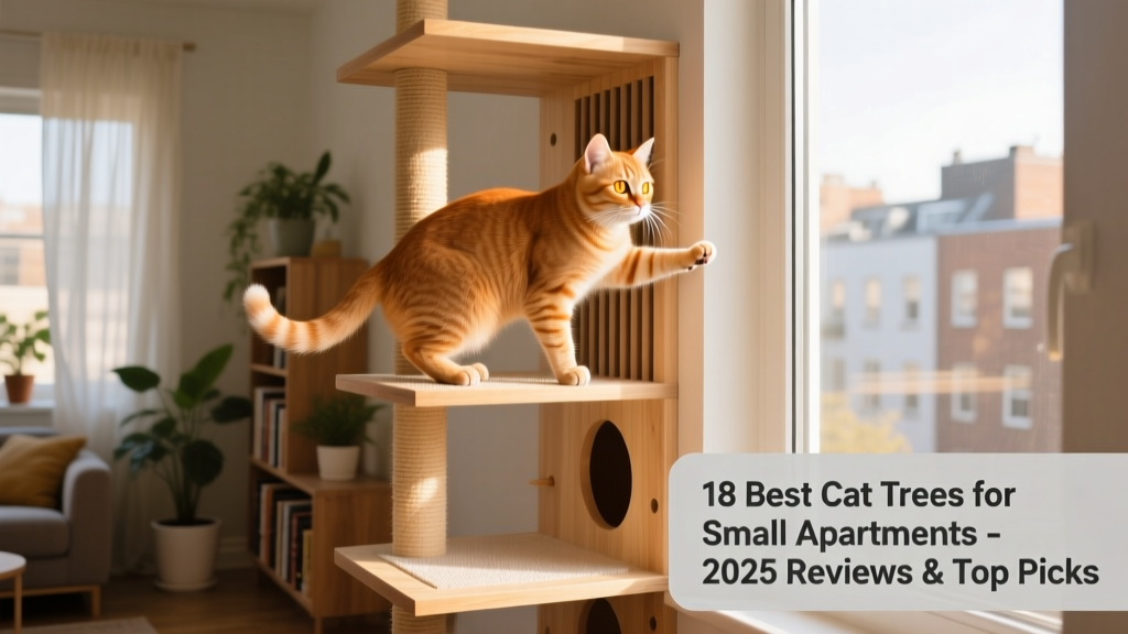 A ginger cat confidently climbing a FurPetVo Compact Loft Tower, pausing on the middle perch to look out the window