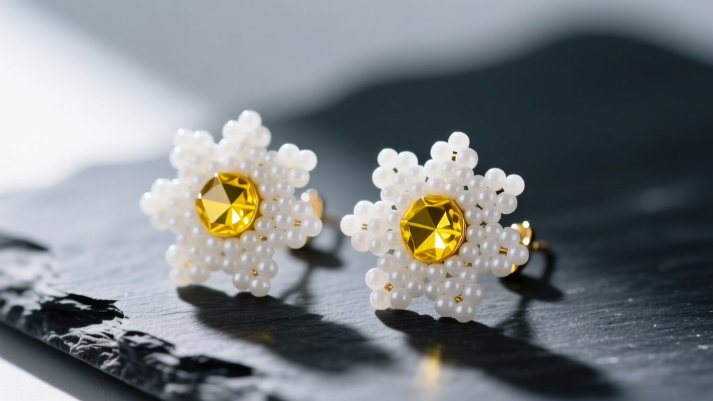 Vibrant daisy-shaped flower beaded earrings made with white Miyuki seed beads and yellow bicone centers resting on dark slate.
