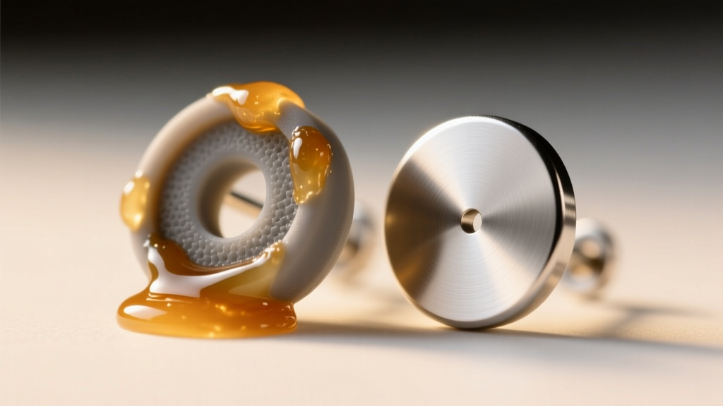 Macro shot of a silicone friction earring back with sebum buildup next to a clean sterile medical-grade titanium flat back disc.