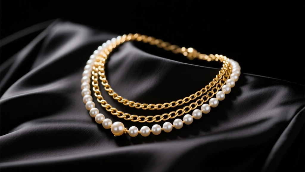 Close-up of a layered gold and pearl necklace resting on a black silk dress, soft studio lighting highlighting texture