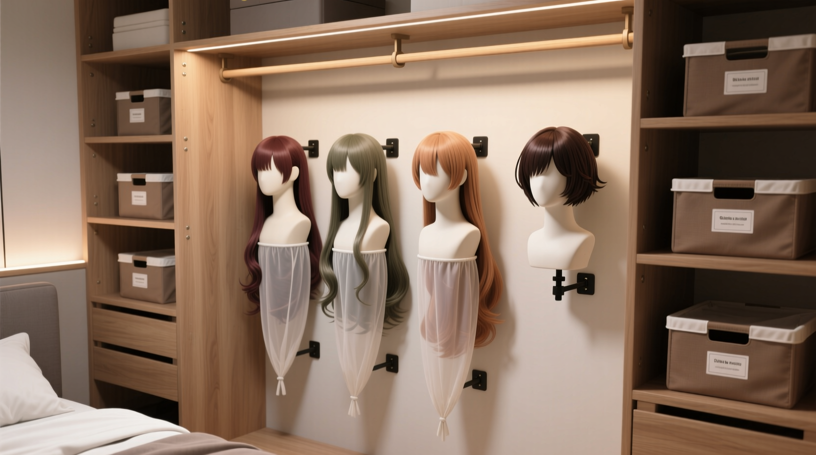 cosplay wig storage on mannequin heads
