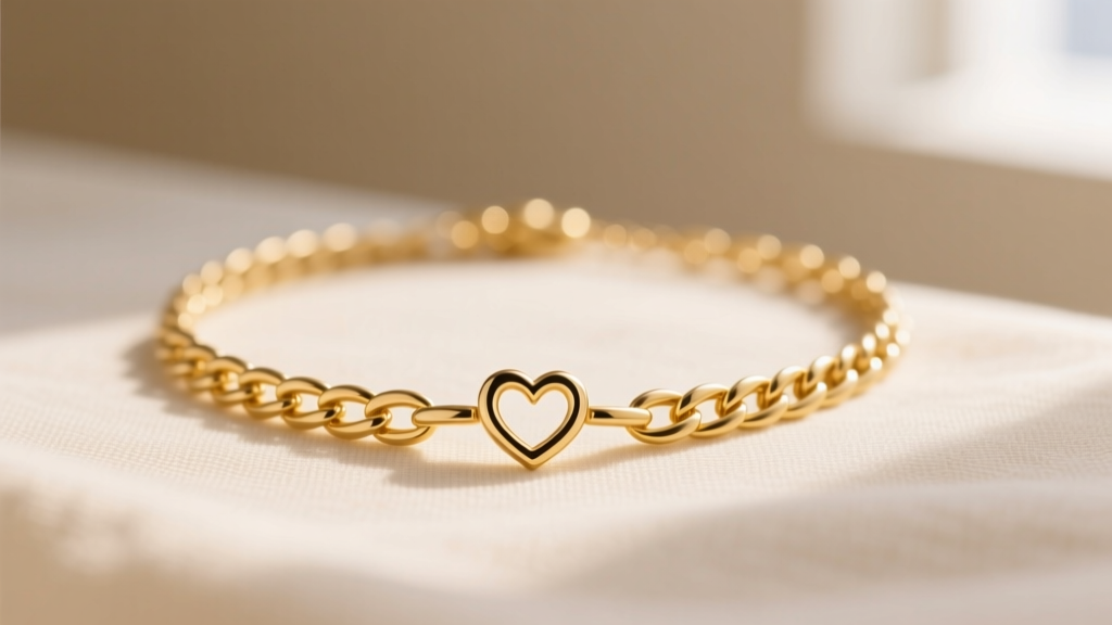 Close-up of a delicate 14k yellow gold wheat chain necklace resting on cream linen, featuring a small interlocking hearts pendant.