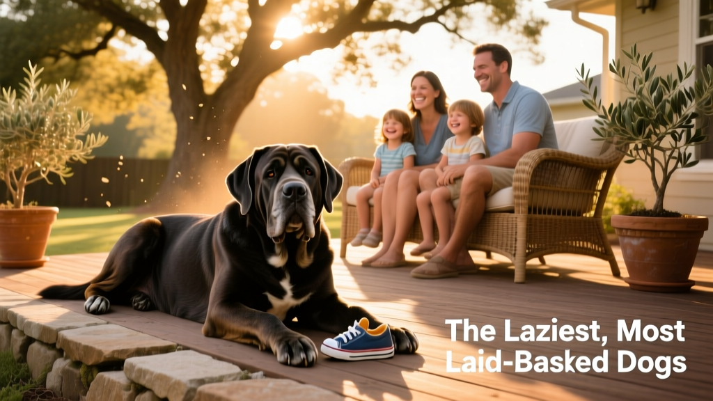 A serene Mastiff resting calmly beside a family on a spacious backyard patio