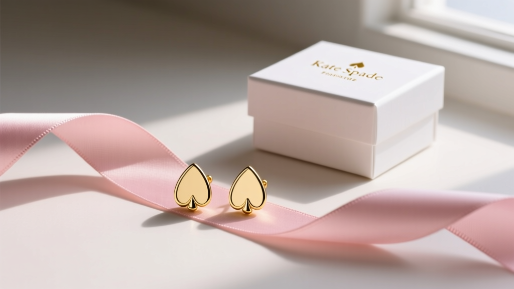 Elegant flat lay of gold-plated Kate Spade spade motif stud earrings resting on a blush pink silk ribbon next to a gift box