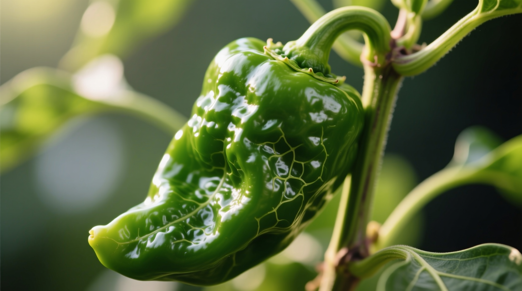 Close-up of Pepper X chili on plant showing its distinctive bumpy texture