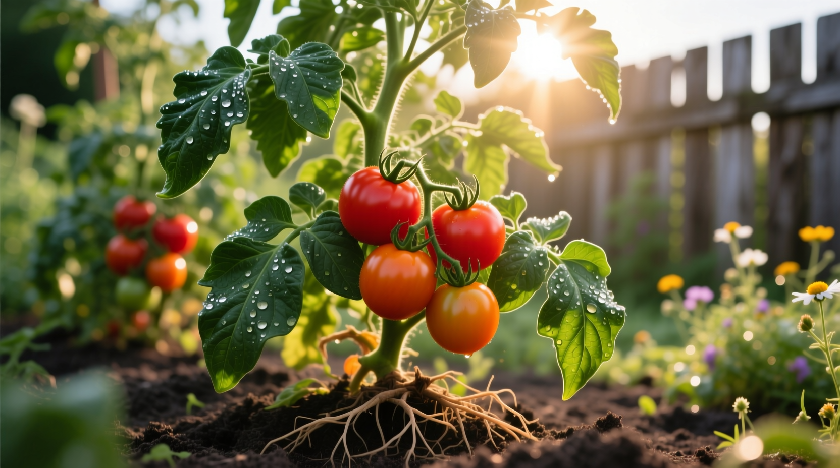 Healthy tomato plants growing in full sunlight garden