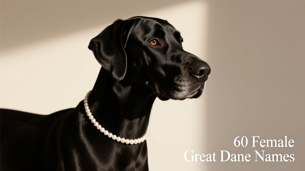 A sleek black female Great Dane wearing a simple pearl collar, posed elegantly against a neutral backdrop
