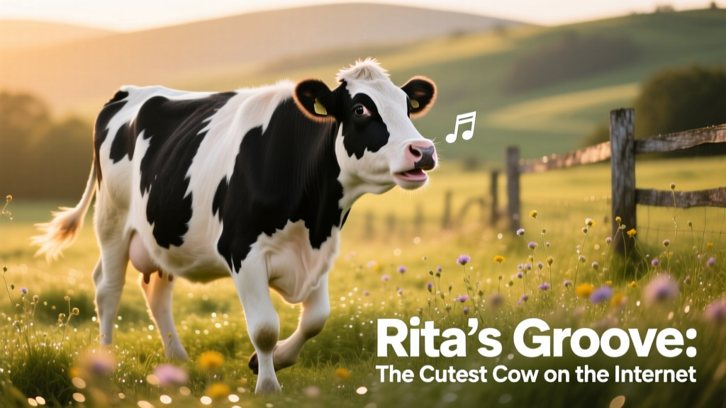 Rita the cow swaying playfully in a sunlit pasture, head tilted as if listening to music