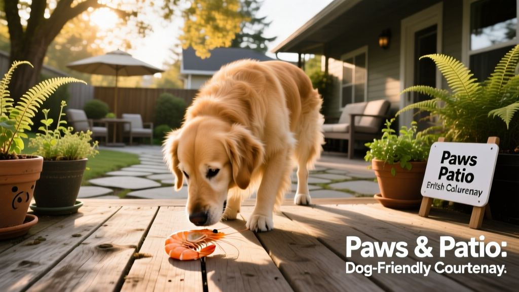 A dog sniffs at shrimp on a dog-friendly patio.