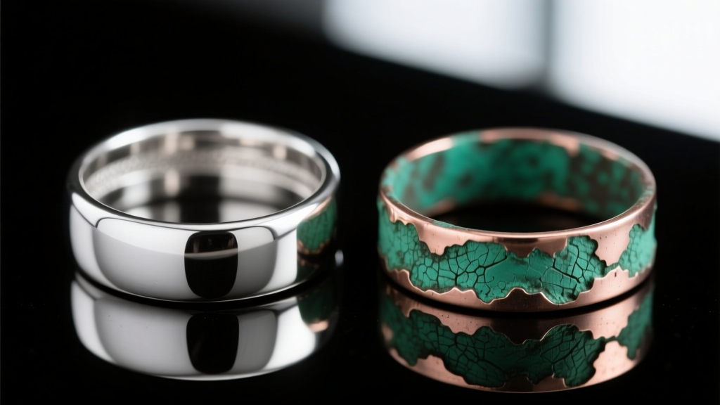 Close-up of genuine silver next to a plated fake, highlighting the green copper oxidation on the fake