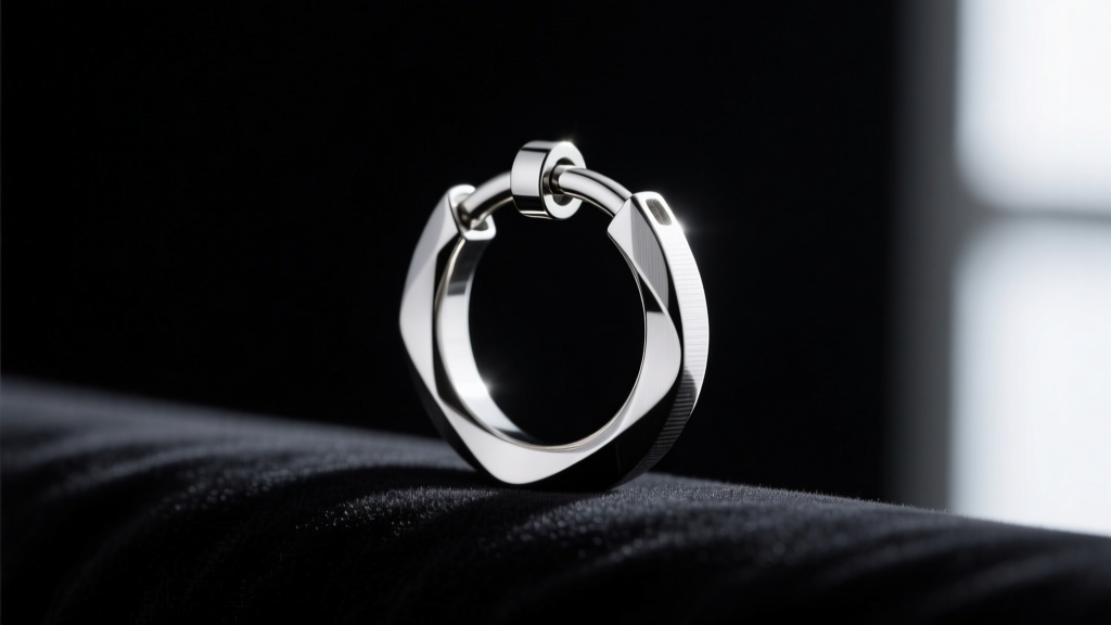 Side profile of a 16-gauge titanium cartilage hoop with a secure clicker closure, resting on a dark velvet jeweler's display pad.