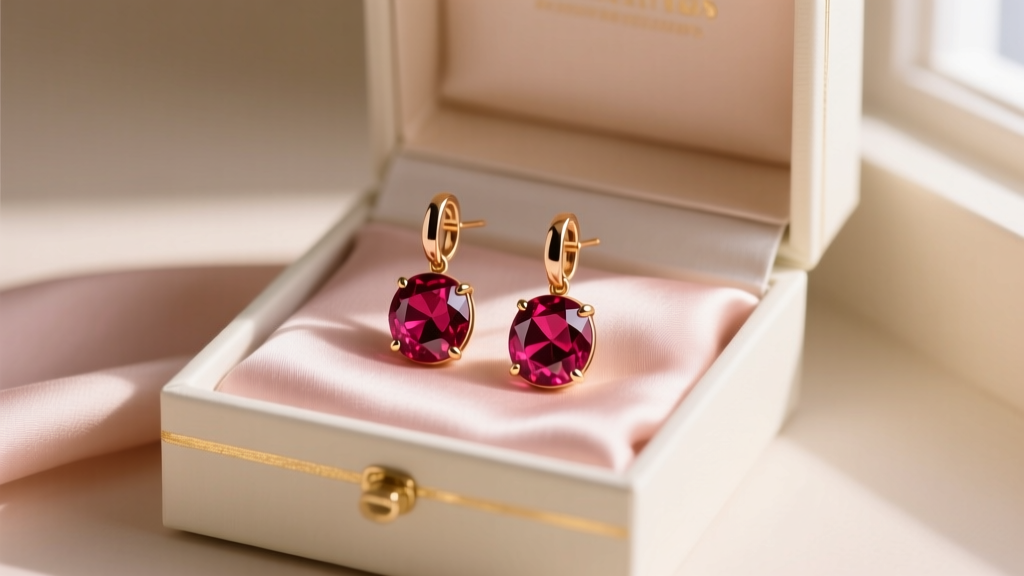 Elegant gift box opened to reveal 18k rose gold raspberry earrings with faceted rhodolite garnets resting on blush silk fabric