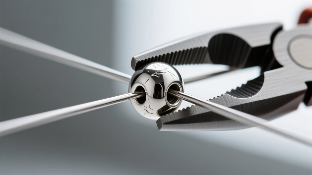 Macro view of a sterling silver crimp bead secured onto a 0.018 inch steel beading wire using specialized jewelry crimping pliers.