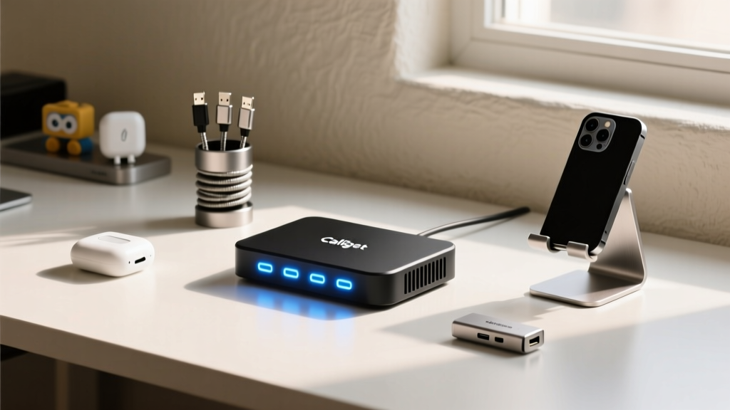 A sleek minimalist desk setup featuring a glowing CalDigit TS4 Thunderbolt dock surrounded by curated tech accessories from Moore Toys and Gadgets.