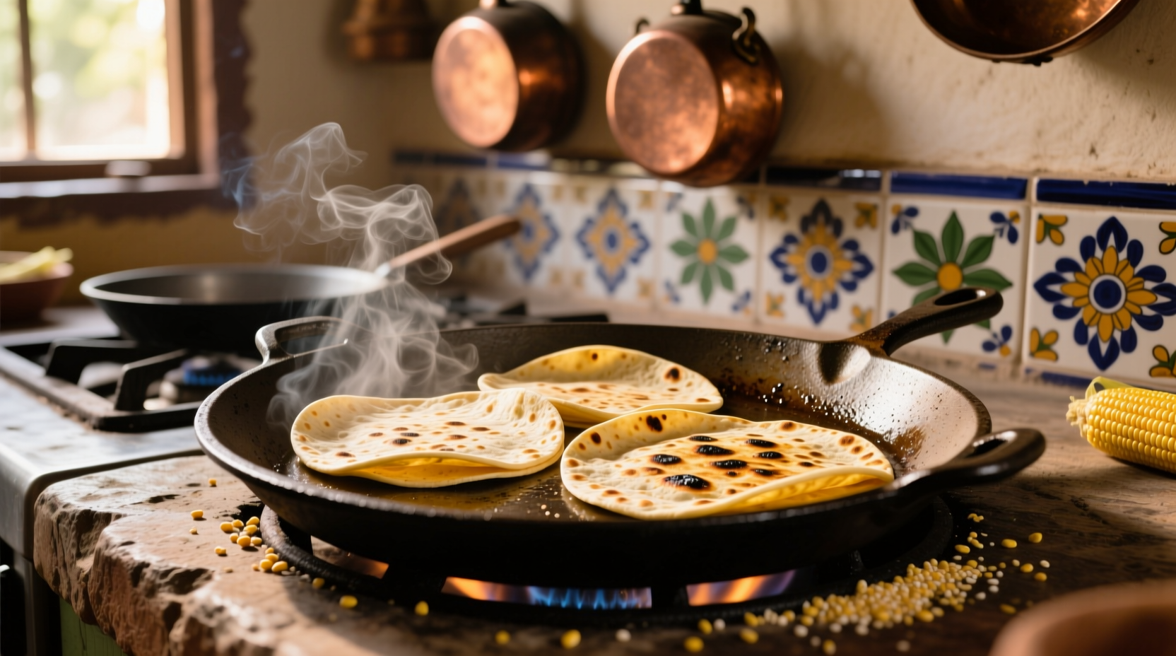 Corn tortillas cooking on traditional comal