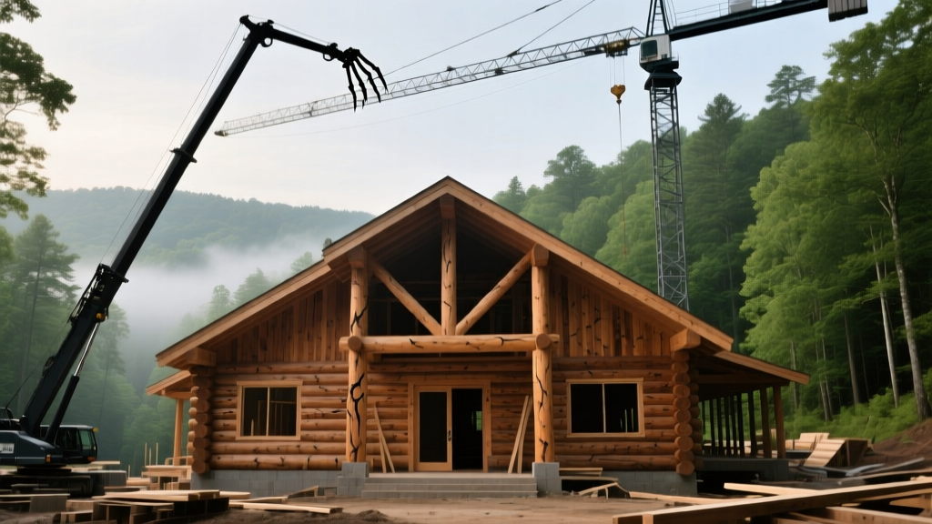 Massive heavy timber frame lodge with rustic log siding under construction against a backdrop of lush Smoky Mountain forest and steel cranes