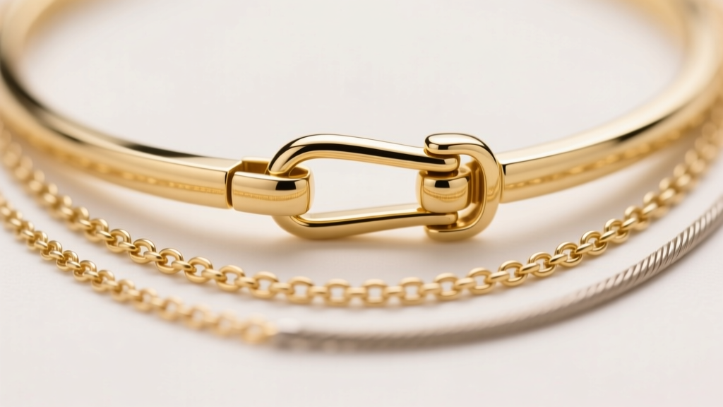 Macro view of a magnetic multi-strand necklace spacer clasp in brushed 14k yellow gold, securing three delicate layered chains.
