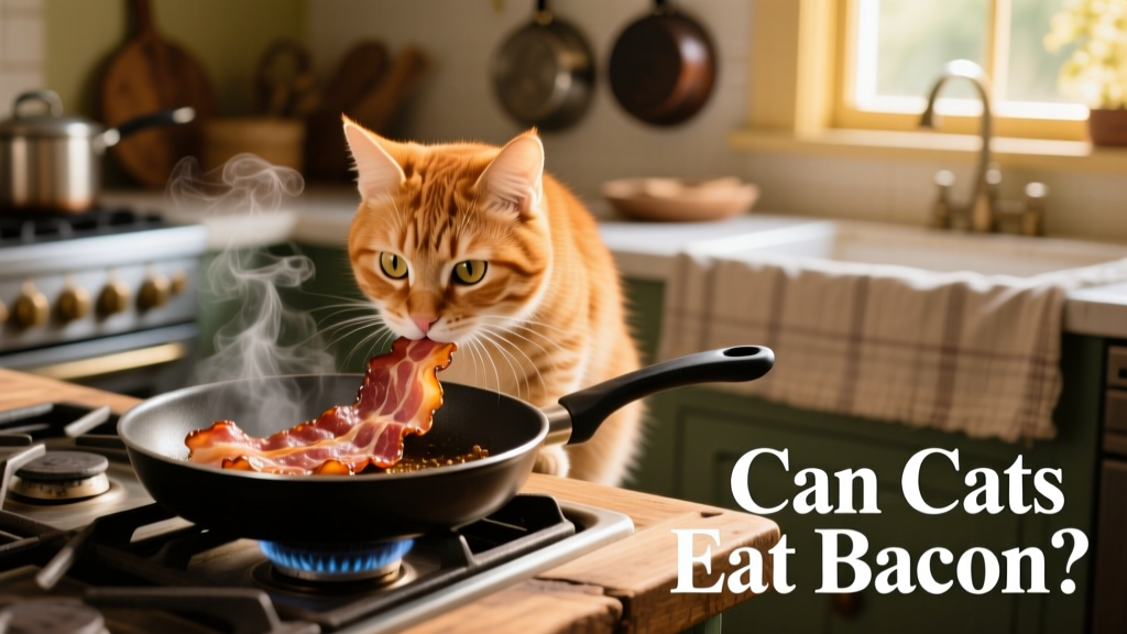A cat sniffing curiously at a pan of sizzling bacon on a stovetop