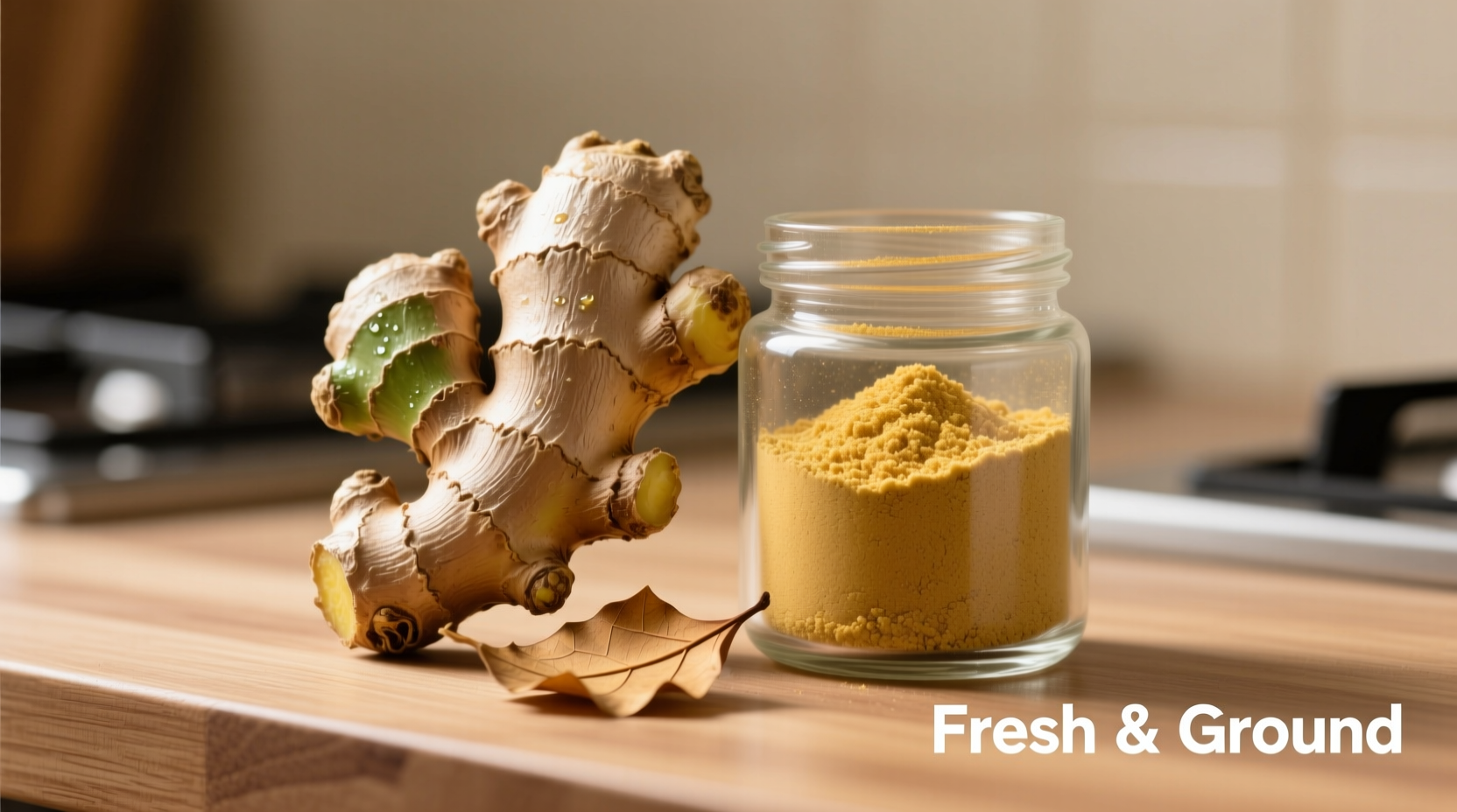 Frische Ingwerwurzel neben gemahlenem Ingwer in Gewürzdose