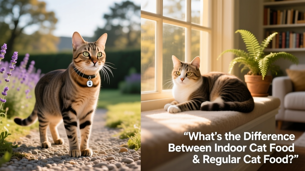 Side-by-side comparison of a lean, active cat and a relaxed indoor cat lounging on a sunny windowsill