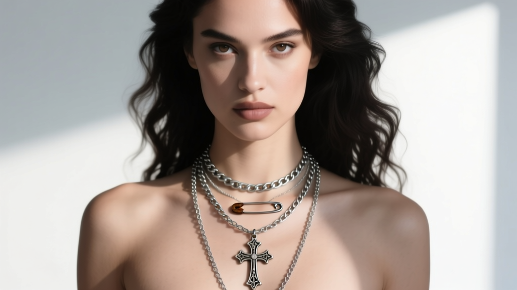 Front-facing portrait of a model wearing three layered silver chains of varying lengths with gothic cross and safety pin charms
