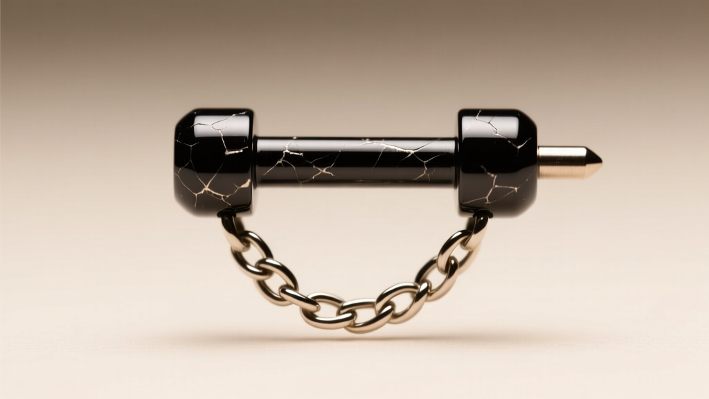 Macro shot of an 18-gauge titanium daith clicker with black PVD coating and small dangling chain links against soft studio light