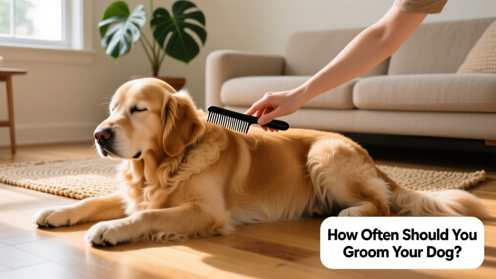 A calm dog receiving gentle brushing at home