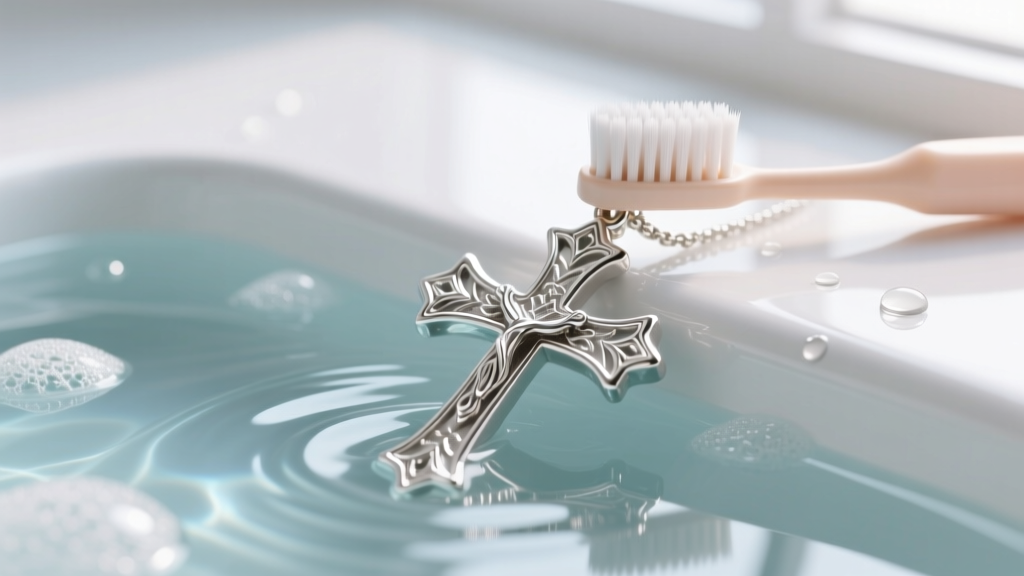 Soft baby toothbrush gently scrubbing crown crevices of a silver cross pendant submerged in a mild soapy distilled water solution.