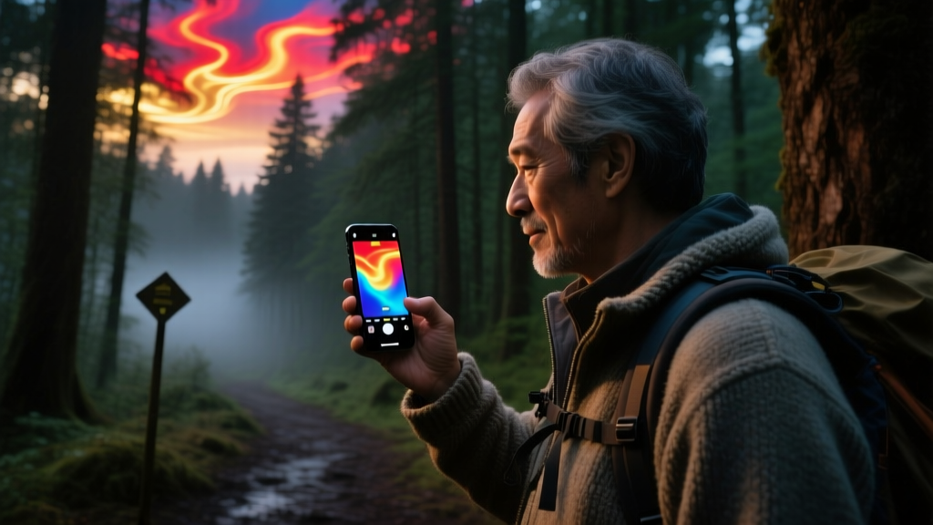 Hiker holding a smartphone displaying a vibrant thermal imaging heat map of a forest canopy at dusk while searching for a lost trail marker