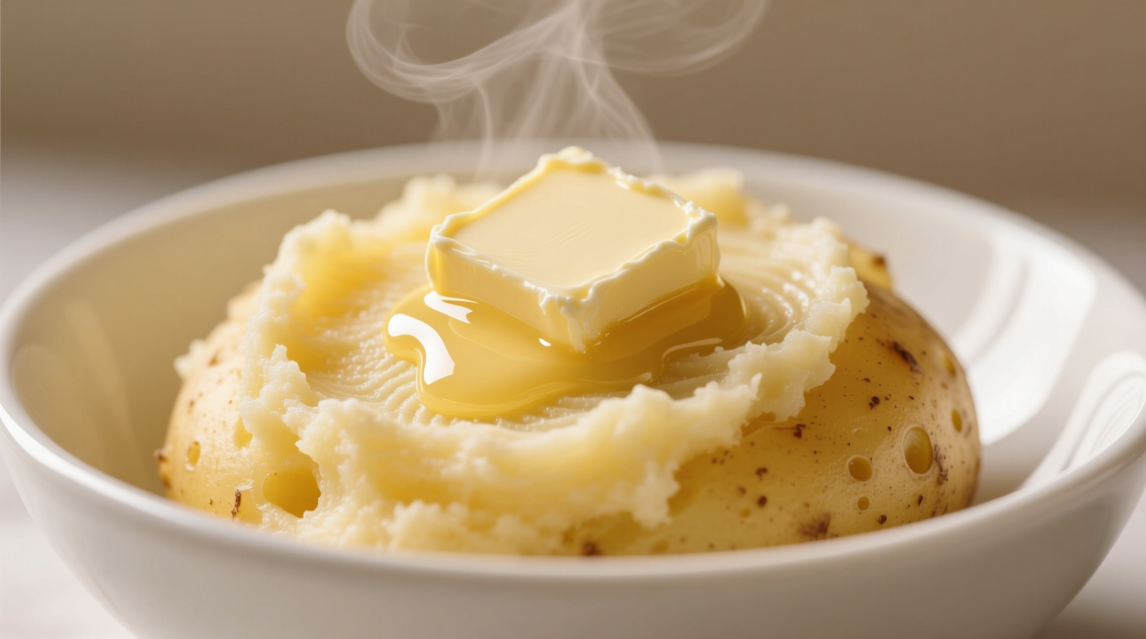 Perfect golden mashed potatoes in white bowl with butter melting