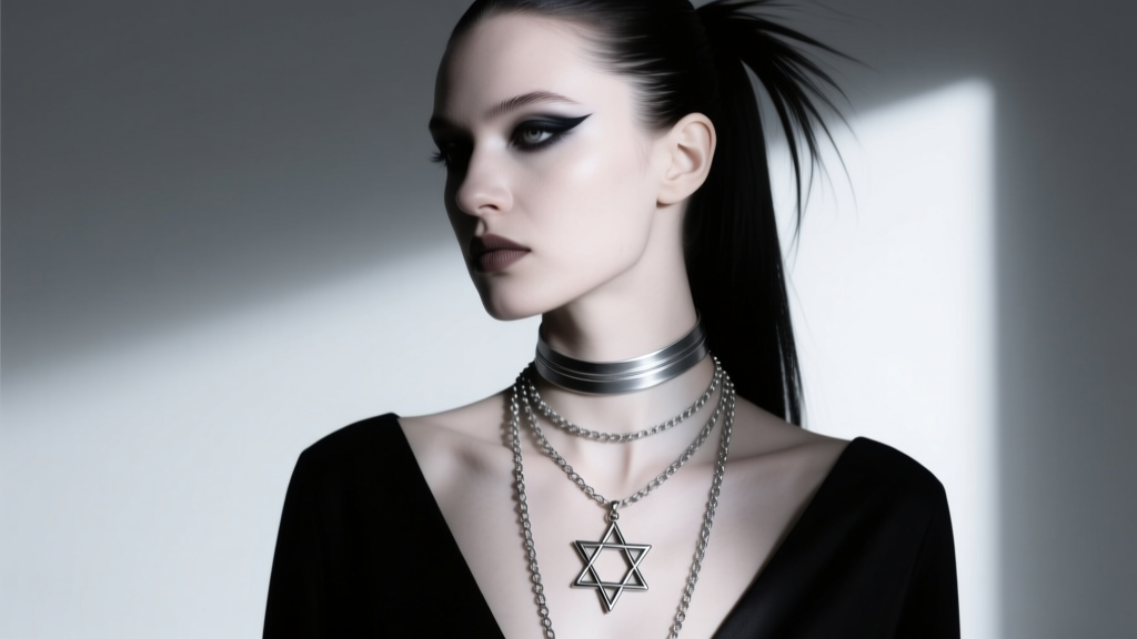 Model wearing a layered stack with a delicate choker, an upside down pentagram pendant, and a long silver chain in gothic style.