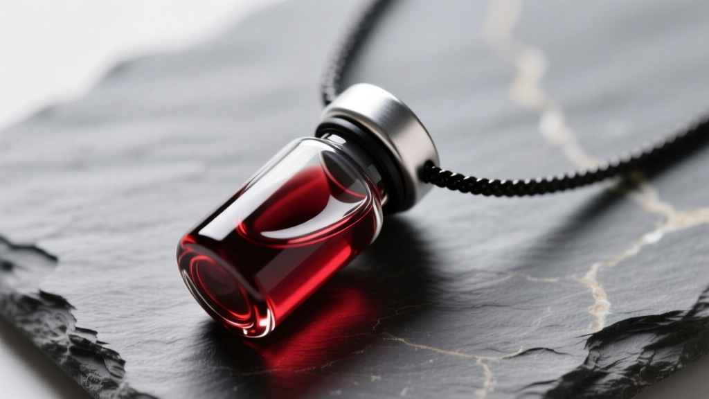 Macro view of a glass blood vials necklace on slate, showing the threaded steel cap, dark red liquid, and a thin black seal.