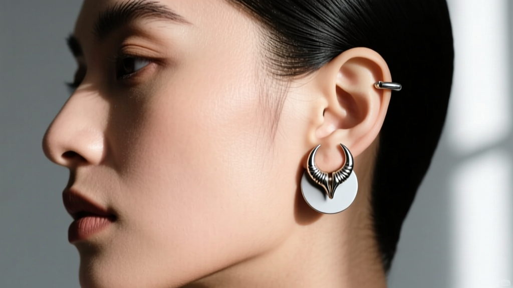 Side profile of model wearing 18-gauge titanium cartilage climber with split-hoof motif highlighting flat disc backing on the ear