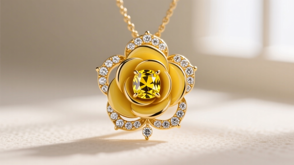 Macro shot of a yellow rose necklace pendant in 18k gold with a bezel-set yellow sapphire center and diamond petals