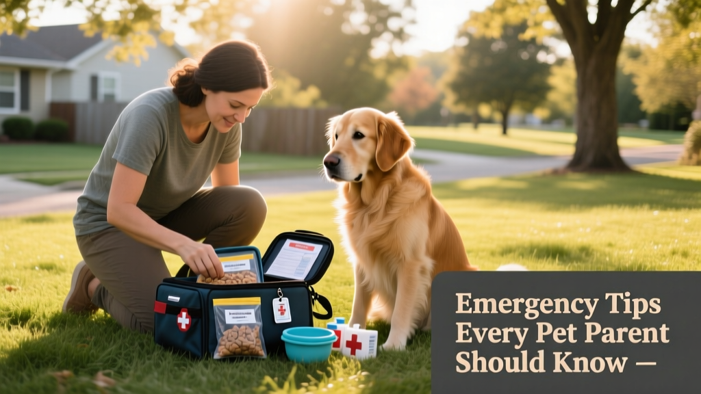 A calm, prepared pet parent packing a waterproof emergency kit with food, water, and supplies while their dog sits nearby