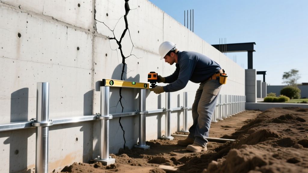 Contractor using a laser level to measure foundation settlement near galvanized steel push piers installed along a cracked concrete stem wall