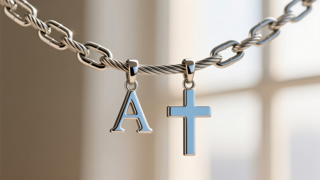 Close-up of a 1.5mm steel cable chain and clasp, supporting dual initial and cross pendants against a blurred neutral background.