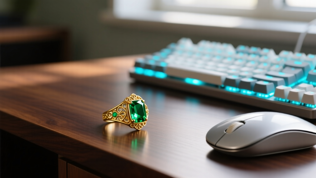 Macro shot of a vintage gold emerald ring resting on a dark oak desk beside a glowing mechanical keyboard and a sleek silver mouse