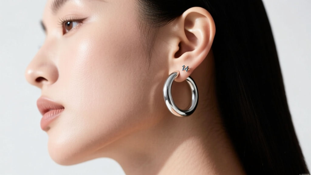 Side profile of a model wearing a 14-gauge argentium silver large circle hoop, showing precise inner diameter earlobe clearance.