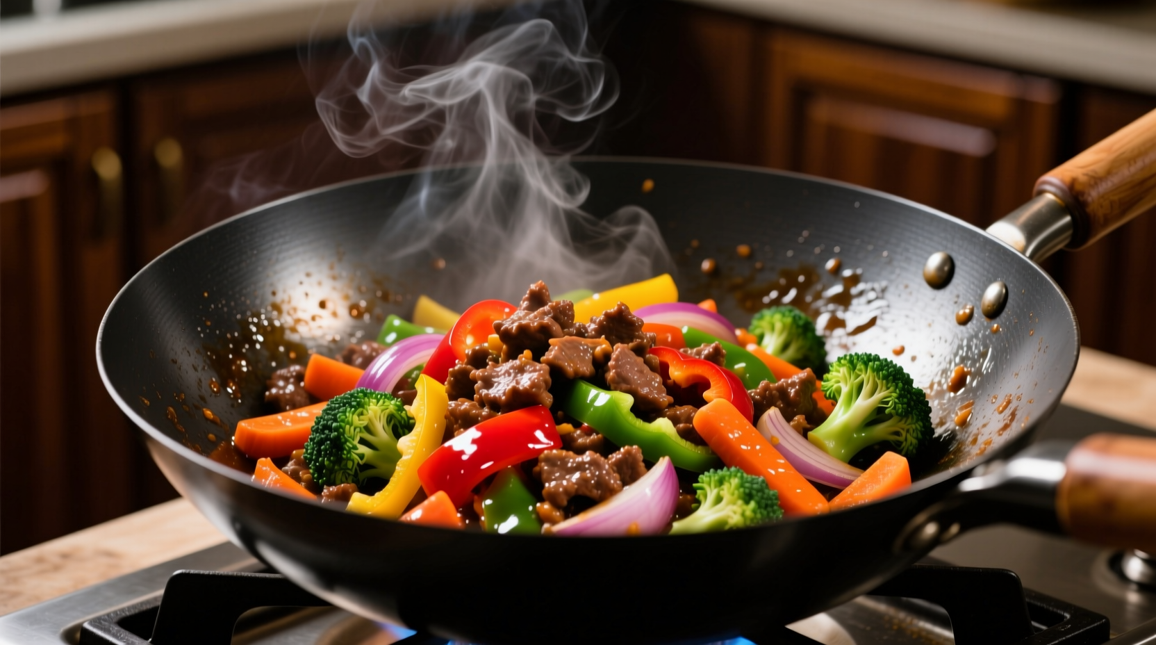 Colorful ground beef stir-fry with vegetables in wok
