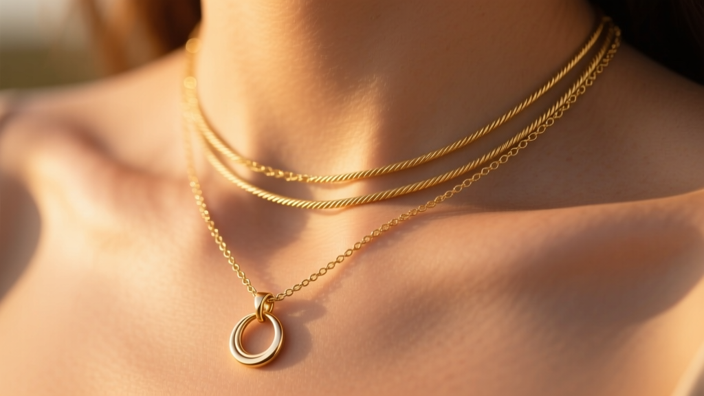 Close-up of collarbone showing the Stella Dot Wanderer necklace layered over a delicate 14k gold 16-inch cable chain, warm tone