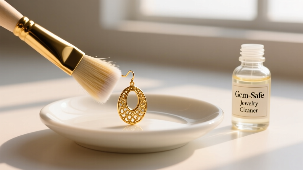 Soft brush cleaning a gold vintage earring over a ceramic dish beside a small bottle of mild gem-safe jewelry cleaning solution.