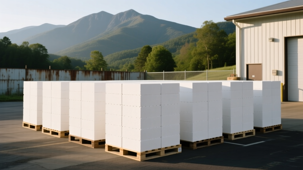 Pallets of white autoclaved aerated concrete blocks stacked outside a building supply yard in Asheville NC with mountain backdrop