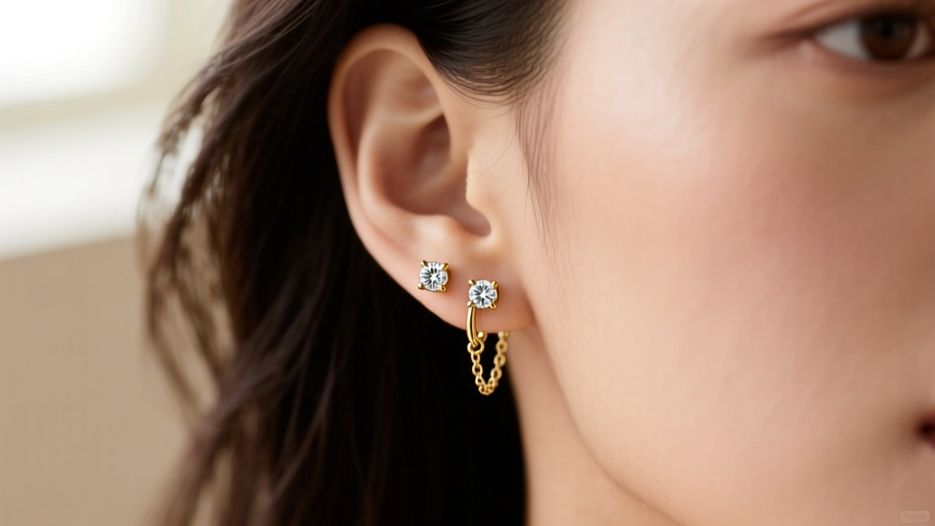 Close-up of a 14k gold double piercing earring with a 10mm chain connecting two bezel-set diamond studs on a model's ear lobe